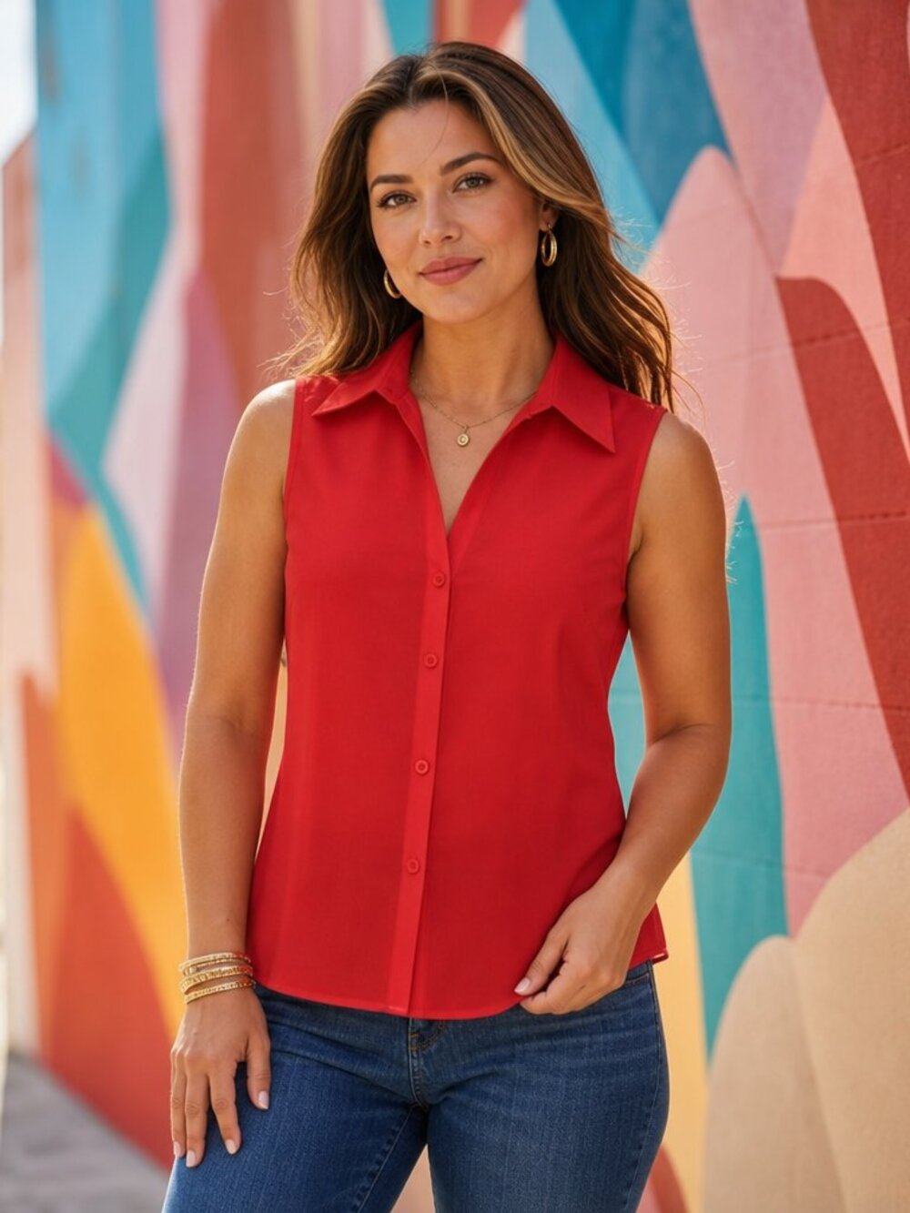 Vintage Sag Harbor Red Sleeveless Button‑Front Top
